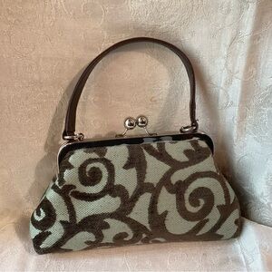 Glenda Gies Handbag Like New Silvertone Kisslock Brown Pale Blue/Green